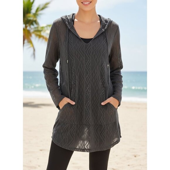 Sheer Hooded Lightweight Knit Tunic Pockets & Geometric Pattern  M Whimsigoth - Picture 1 of 11